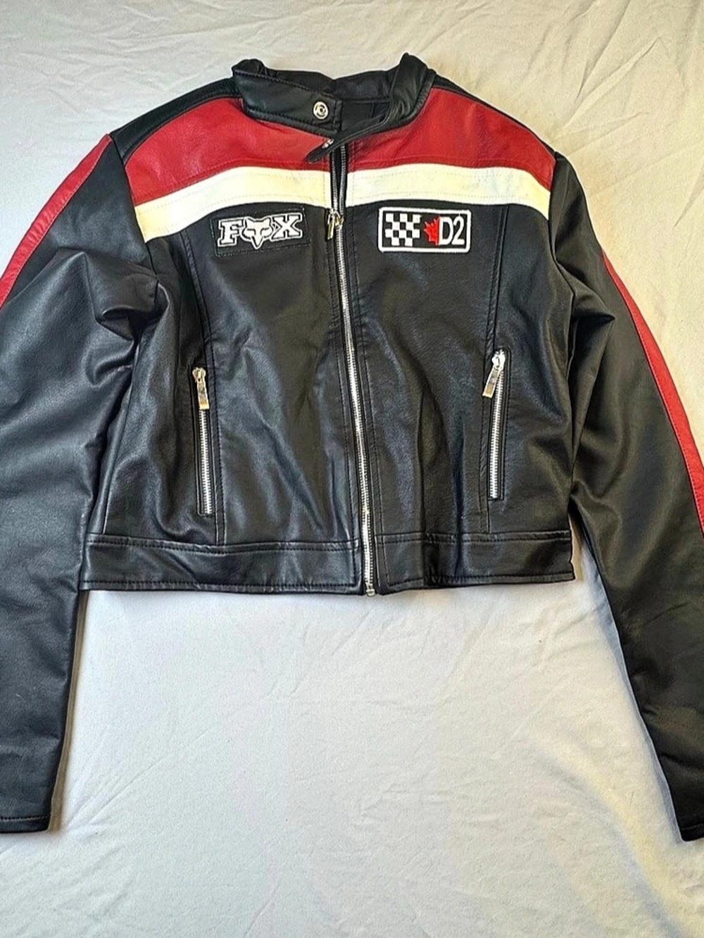 Forever 21 Women’s Cropped Faux Leather Moto Racing Jacket Black Red White XL